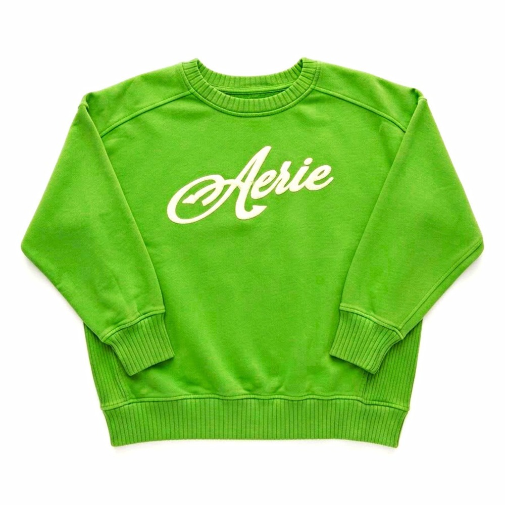 Aerie Green Logo Crewneck Sweater Women S Relaxed Rib Knit Cozy Preppy Raglan